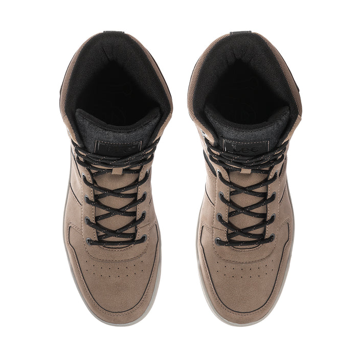Men's high-top sneakers showing black-lined tongue and lace-up interior