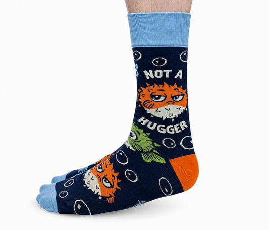 FUNNY NOVELTY PUFFER FISH - NOT A HUGGER - MEN'S CREW SOCKS - UPTOWN SOX