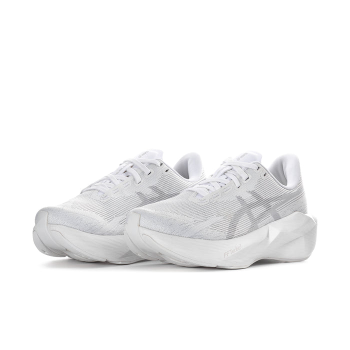 Women's white lace-up sneakers, side profile with sculpted midsole and mesh upper