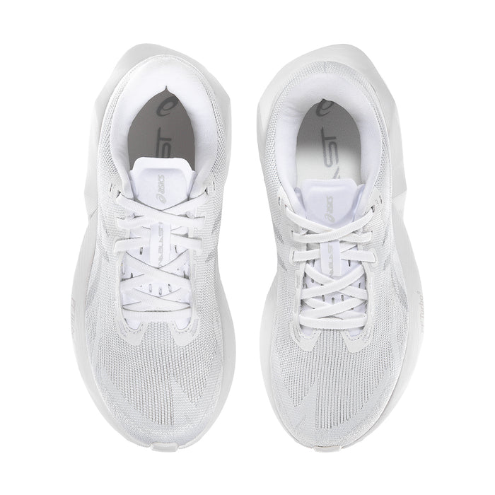 Women's white lace-up sneakers showing tongue, laces, and cushioned interior collar