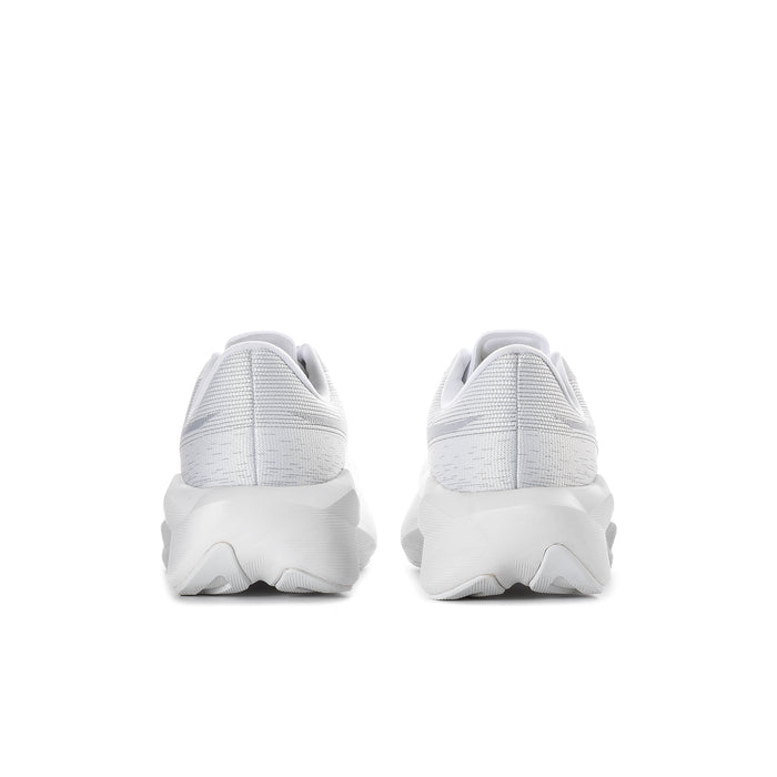 Women's white running shoes from heel view with padded back and thick sole