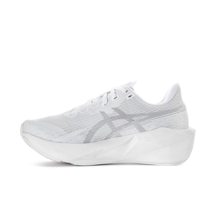 Women's white lace-up running shoes, angled side view with knit texture and midsole
