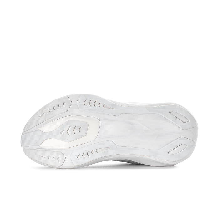 Women's white running shoe outsole view with tread pattern on thick sole