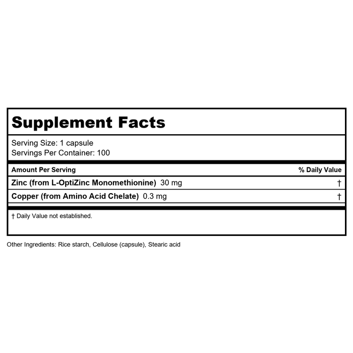 Now Foods L-OptiZinc 30mg 100 Vcaps - 1510 - 2 Pack - Supplement Facts panel