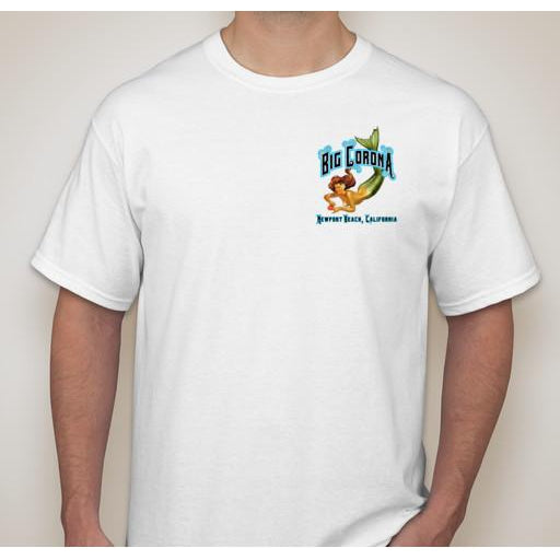 Front of white t-shirt,  Big Corona, 1 mermaid, art by loccal artist Rick Rietveld