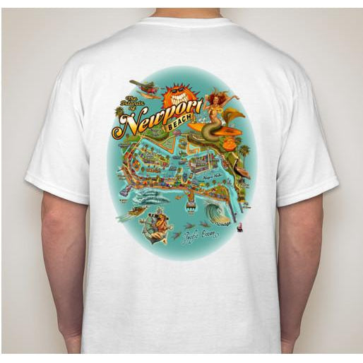 Back of white t-shirt,  oval shaped art, green tint,  Islands of Newport Beach, 2 mermaids, seaplane, smiling sun, art by local artist Rick Rietveld