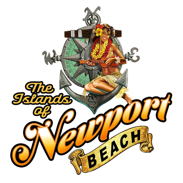 Front of white t-shirt,  Islands of Newport Beach, hula girl sitting on an anchor, playing the ukelele, art by local artist Rick Rietveld