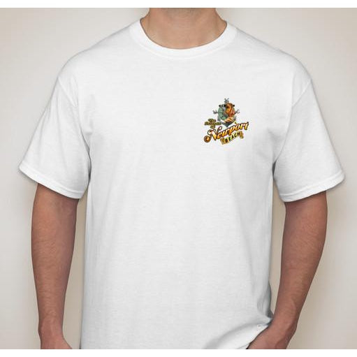 Front of white t-shirt, Islands of Newport Beach, hula girl sitting on an anchor, playing the ukelele, art by local artist Rick Rietveld