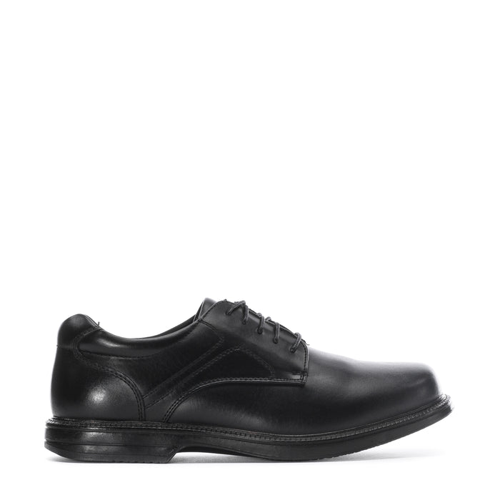 Men's black leather oxford shoe with lace-up front and rounded toe