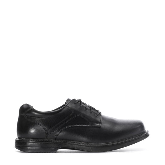 Men's black leather oxford shoe with lace-up front and rounded toe