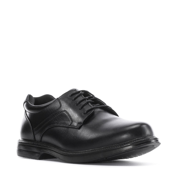 Men's black leather lace-up oxford shoe, side view with stitched panels