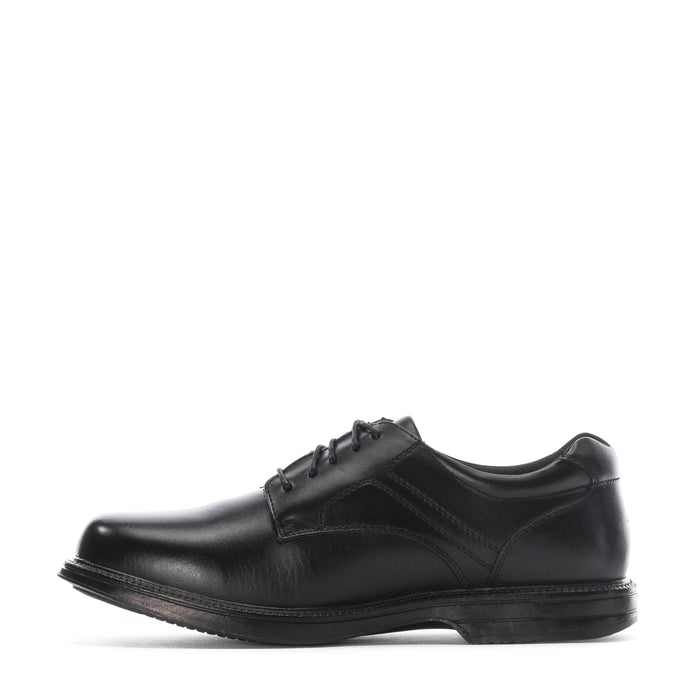 Men's black leather oxford shoe, angled side view with low profile sole
