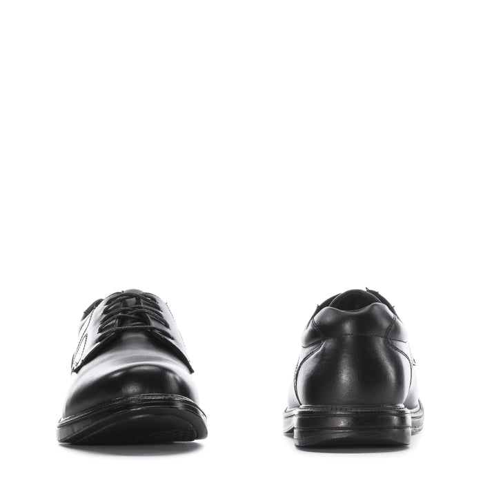 Men's black leather oxford shoe, back and front heel views with lace-up closure