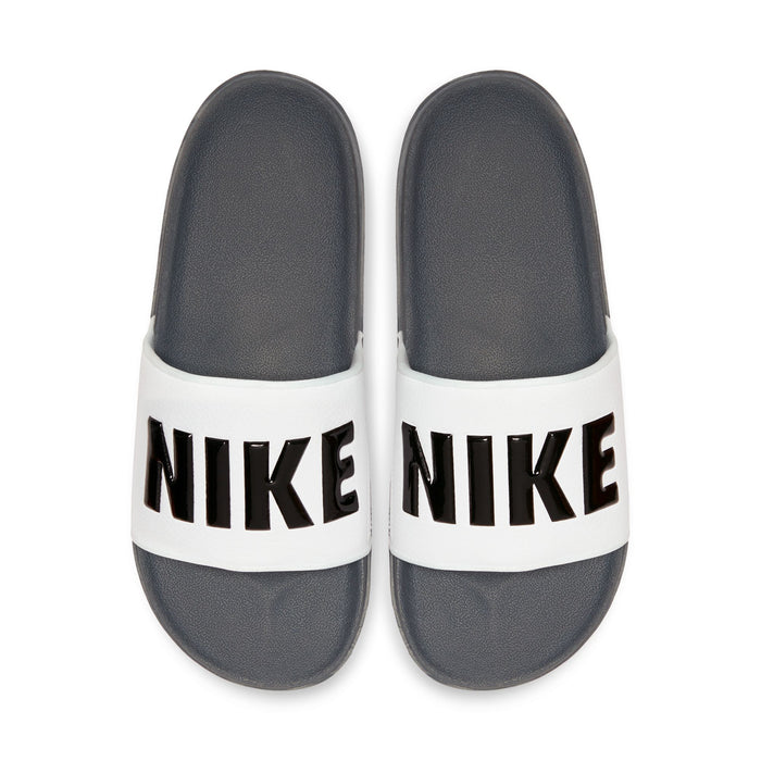 Men's slide sandals, dark grey interior, white strap with bold Nike lettering