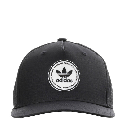 Black adidas snapback cap with white OG emblem front logo