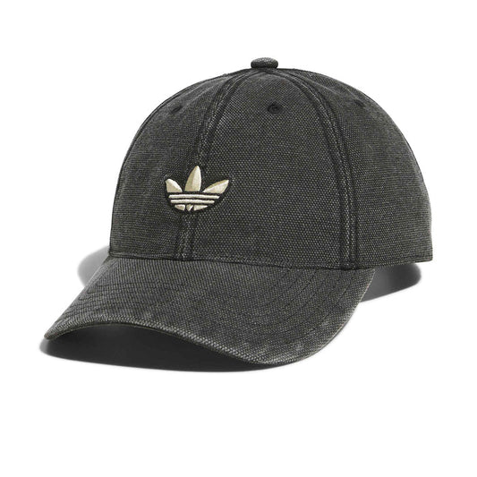 Dark textured strapback cap with embroidered adidas trefoil logo, curved brim