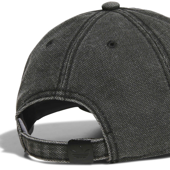 Dark textured strapback cap back view with adjustable strap and metal buckle