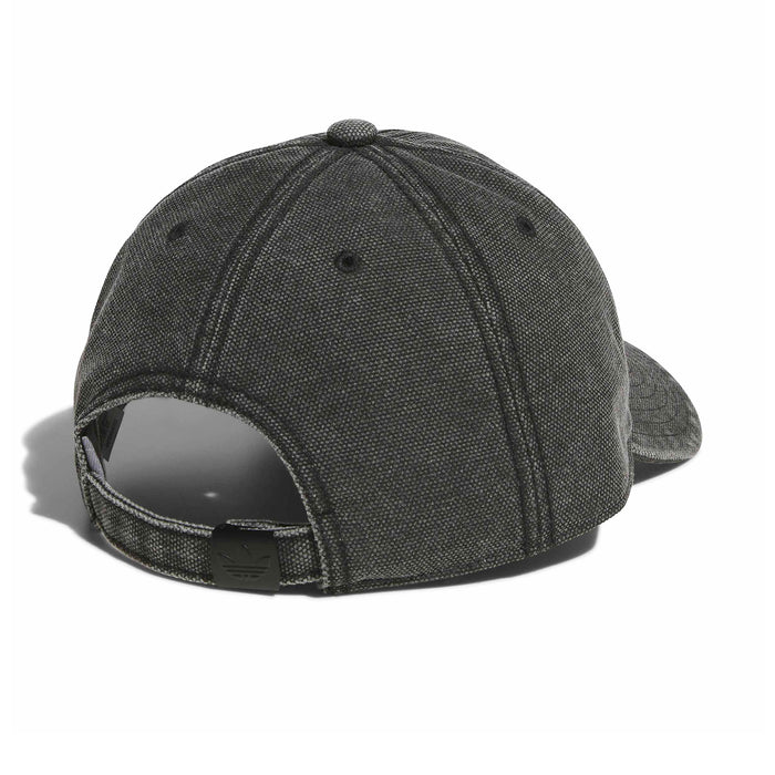 Dark textured strapback cap with adjustable strap, curved brim, rear three-quarter view