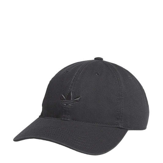 Carbon grey relaxed trefoil strapback cap with embroidered logo on front