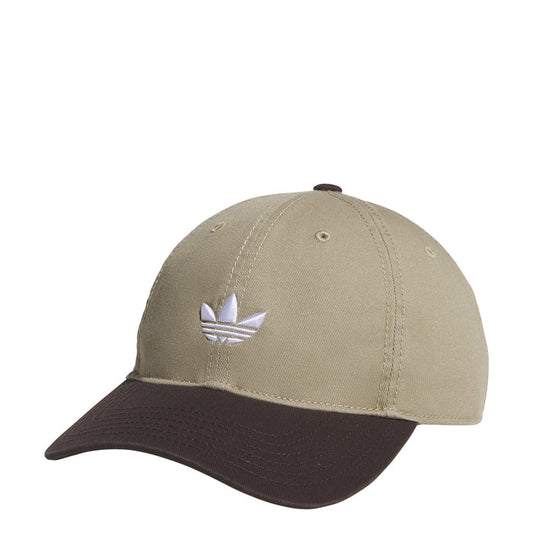 Relaxed strapback cap, light taupe crown, dark brown brim, white trefoil logo