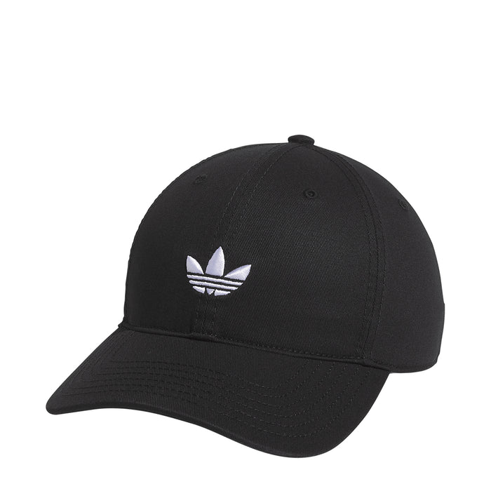 Black baseball cap with white trefoil logo at front