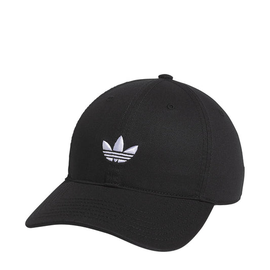 Black baseball cap with white trefoil logo at front
