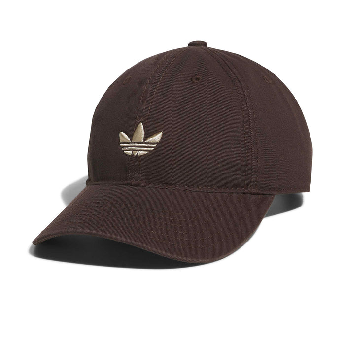 Brown trefoil logo strapback cap with curved brim and stitched crown