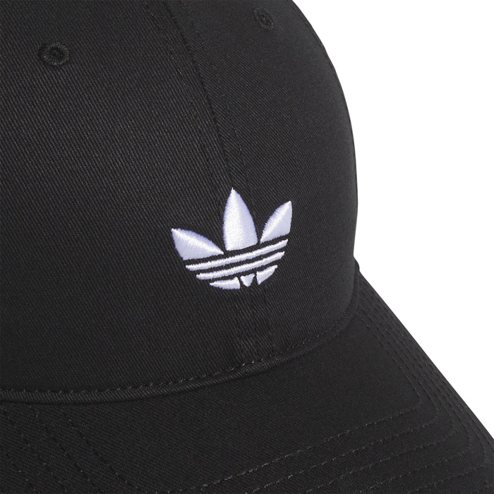 Black baseball cap with white trefoil logo embroidery detail