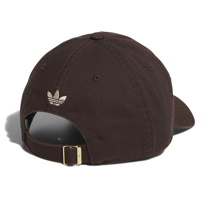 Brown trefoil logo cap with curved brim and adjustable strap with gold buckle