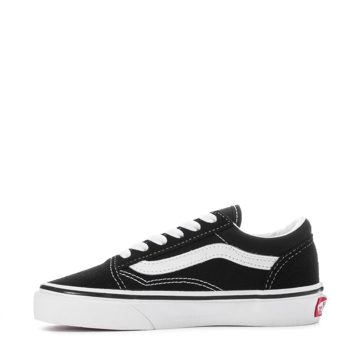 Kids low-top sneakers, black upper with white stripe and white lace-up