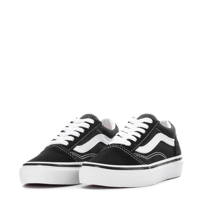 Kids low-top sneakers, black canvas with white stripes and white laces