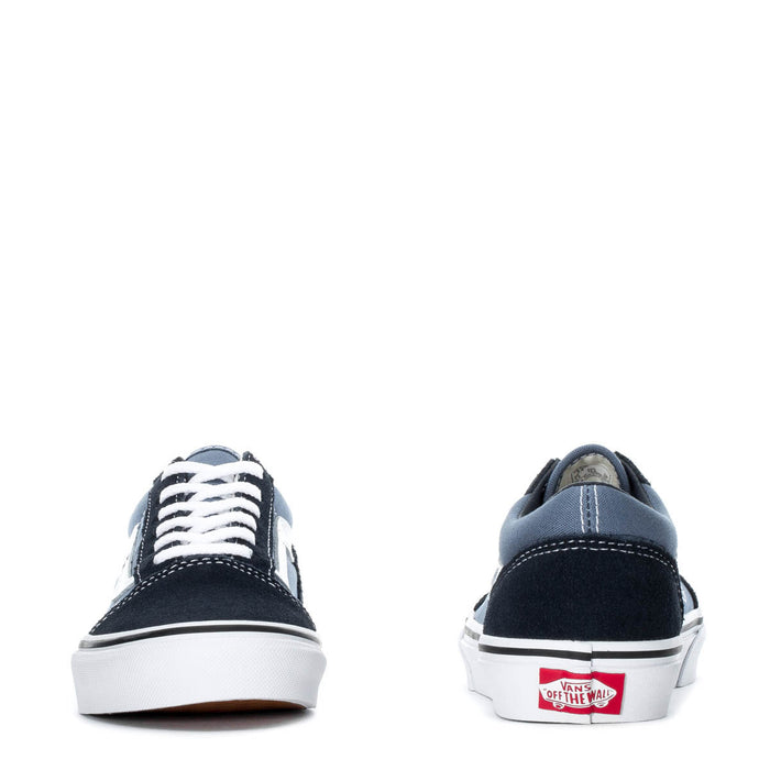 Kids low-top sneakers heel and toe view, navy with white laces and sole