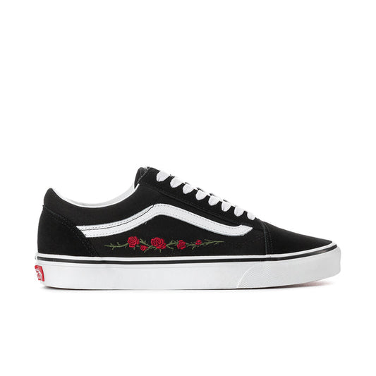 Men's low-top sneakers in black with white trim and rose embroidery along the side.