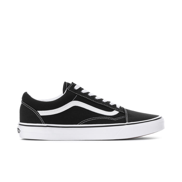 Men's black low-top canvas sneaker with white side stripe and lace-up closure