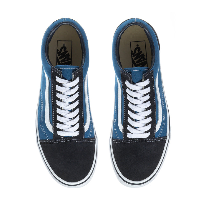 Men's low-top sneaker uppers, blue lining, white laces, and black toe panel