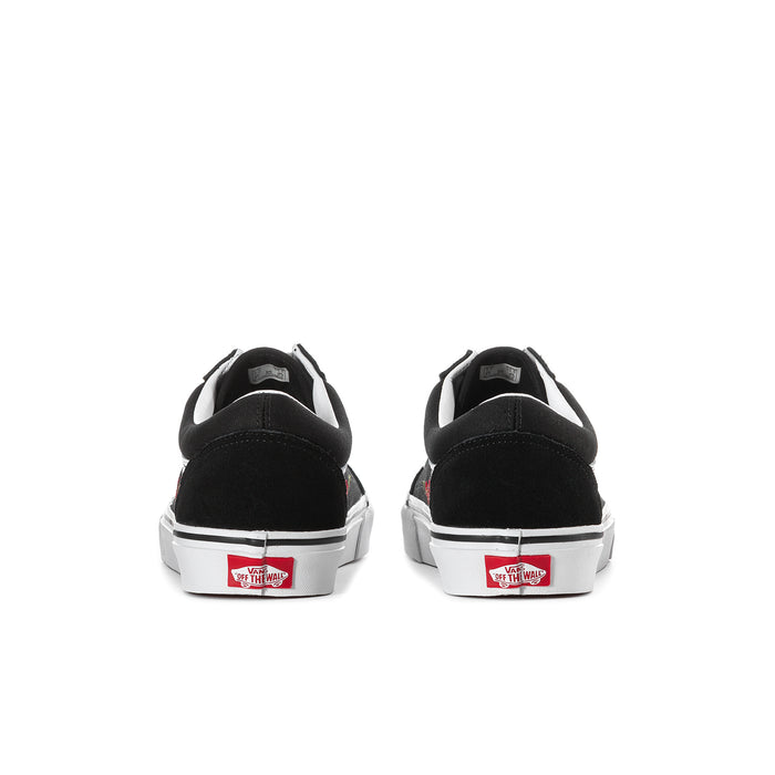 Men's low-top sneakers with black heel and white midsole; rear view with logo label.