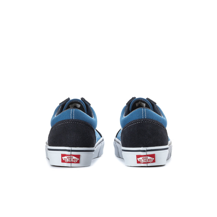 Men's low-top sneakers heel view with navy and black panels and white midsole