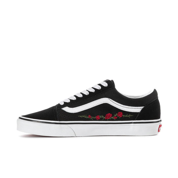 Men's low-top sneakers, black suede with white stripe and rose embroidery across the side.
