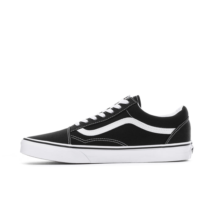 Men's black low-top canvas sneaker side view with white stripe, laces, and sole