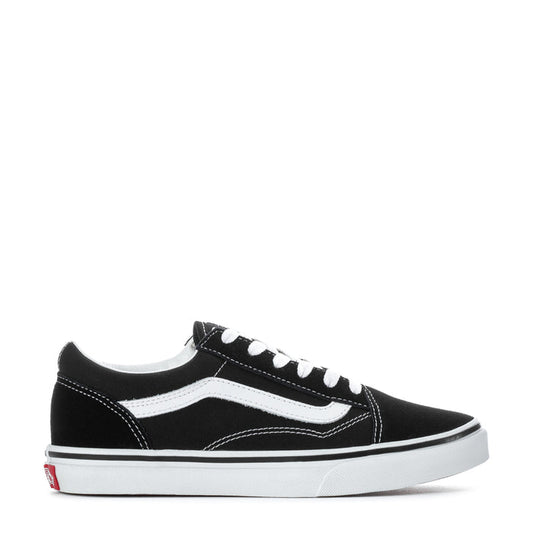 Black youth sneakers with white side stripe, lace-up front, and low vulcanized sole.