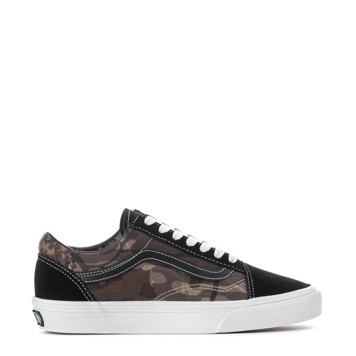 Youth low-top sneakers, black camo panels, white laces, white rubber sole