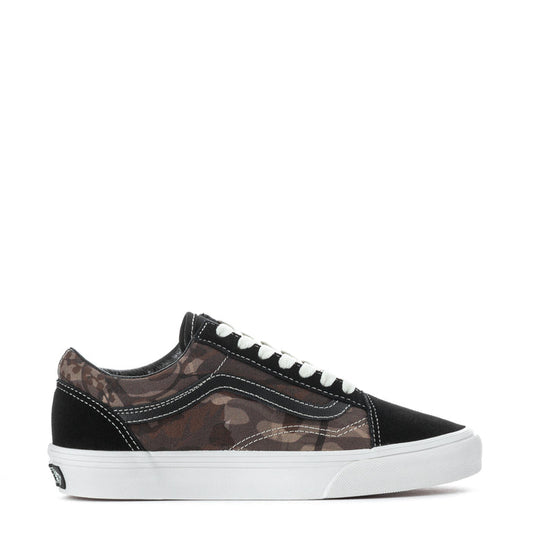 Youth low-top sneakers, black camo panels, white laces, white rubber sole