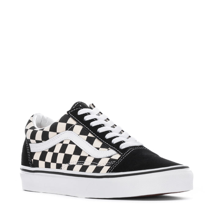 Youth checkerboard low-top sneakers with black uppers, white laces, and white sole