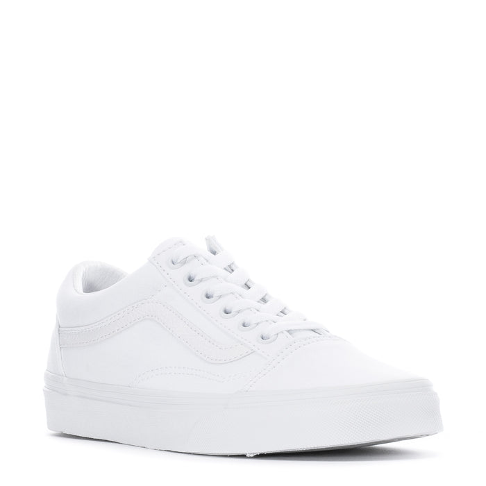 Youth white low-top skate sneaker, angled side view with lace-up
