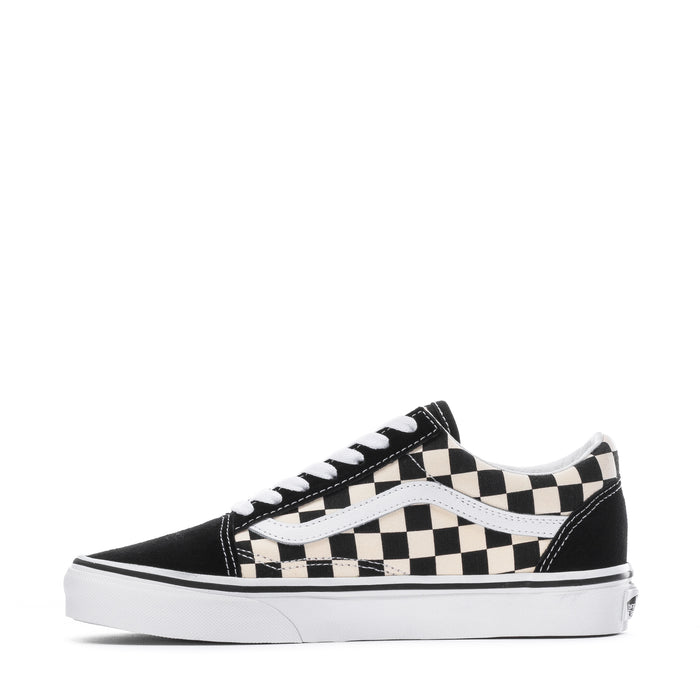 Youth checkerboard skate sneakers with black paneling, white trim, and white rubber sole