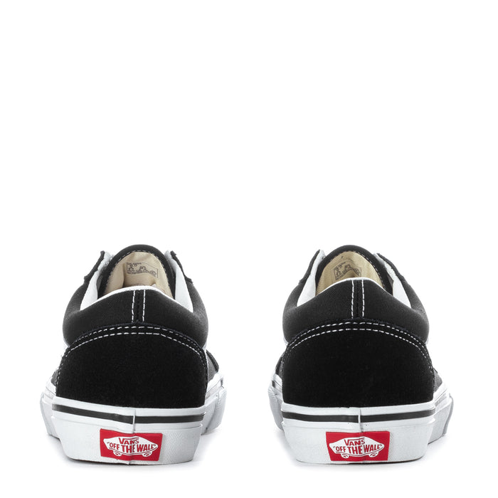 Black Vans youth sneakers, back view with white heel stitching and 'Off the Wall' labels.
