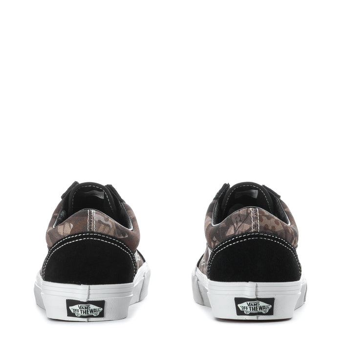 Youth low-top sneakers heel view, black with camo panels, white laces