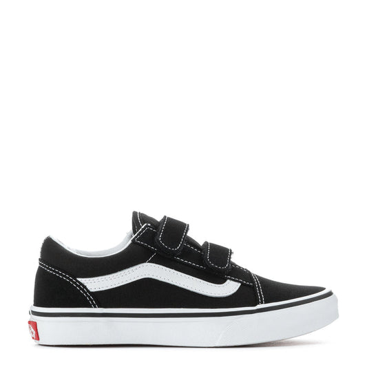 Kids' black skate sneakers with white side stripe and hook-and-loop straps