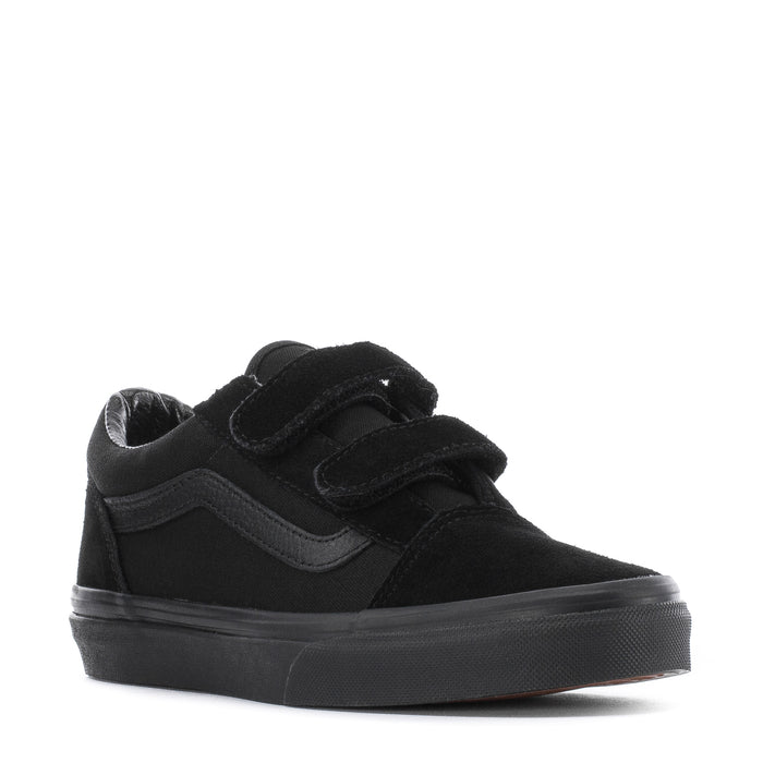 Kids black sneakers with padded collar, two hook-and-loop straps, and grippy rubber sole