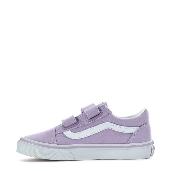 Kids lavender sneakers with white side stripe, double straps, and low profile sole